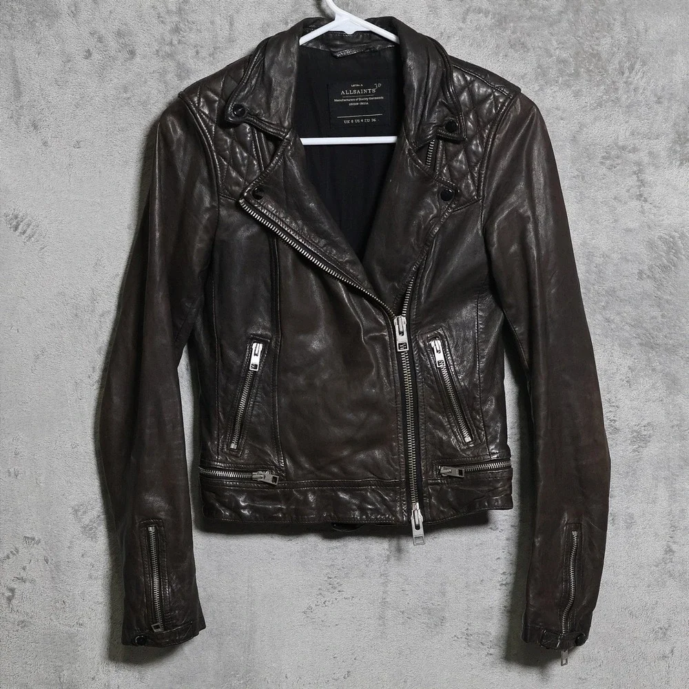AllSaints Jacket Womens US 4 Brown Black Conroy Leather Biker Quilted Moto